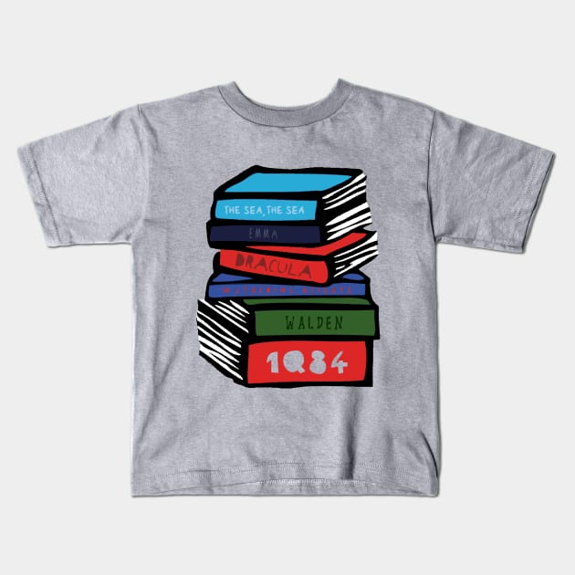 Classic Book Stack Kids T-Shirt by louweasely